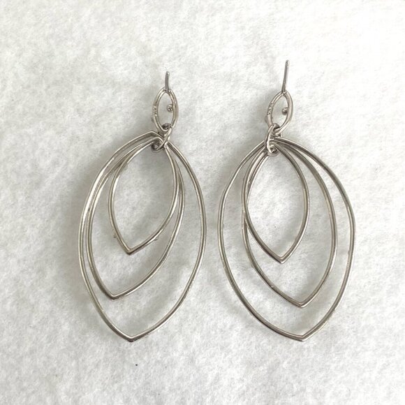 Sterling Silver 925 Geometric Oblong Triple Hoop Dangle Drop Statement Earrings - Picture 4 of 16